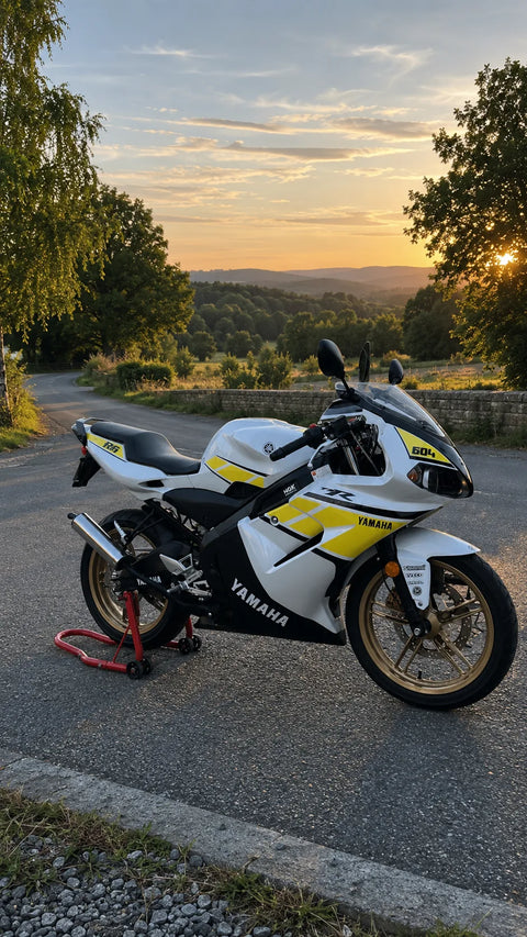 Sport bike with a white and yellow graphics kit