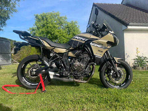 Adventure bike with a sand-coloured graphics kit