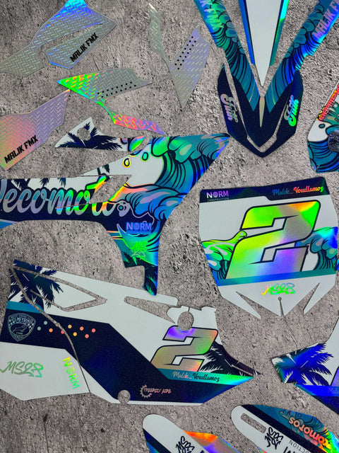 Holographic graphics kit laid out before fitting