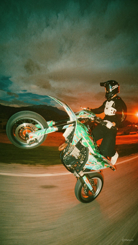 Supermotard au kit déco vert et blanc en action